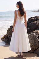 Load image into Gallery viewer, Floral White A Line V Neck Long Wedding Dress