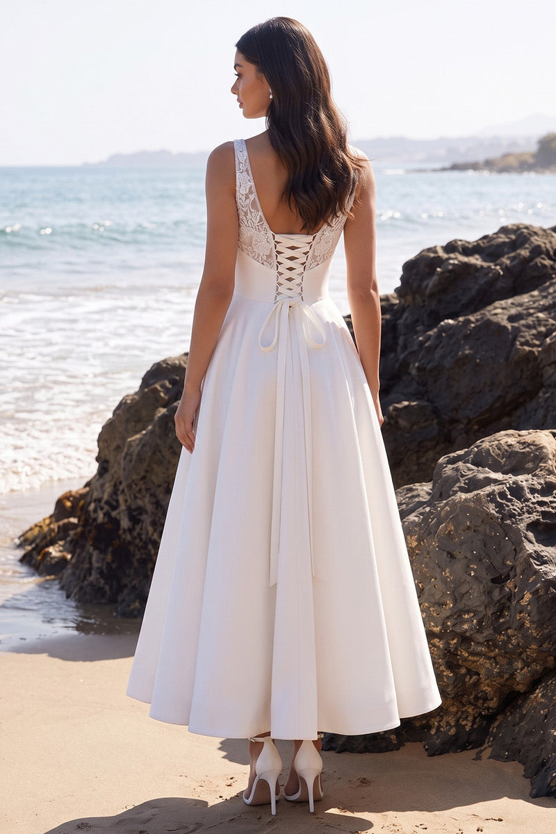 Load image into Gallery viewer, Floral White A Line V Neck Long Wedding Dress