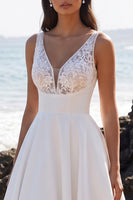 Load image into Gallery viewer, Floral White A Line V Neck Long Wedding Dress