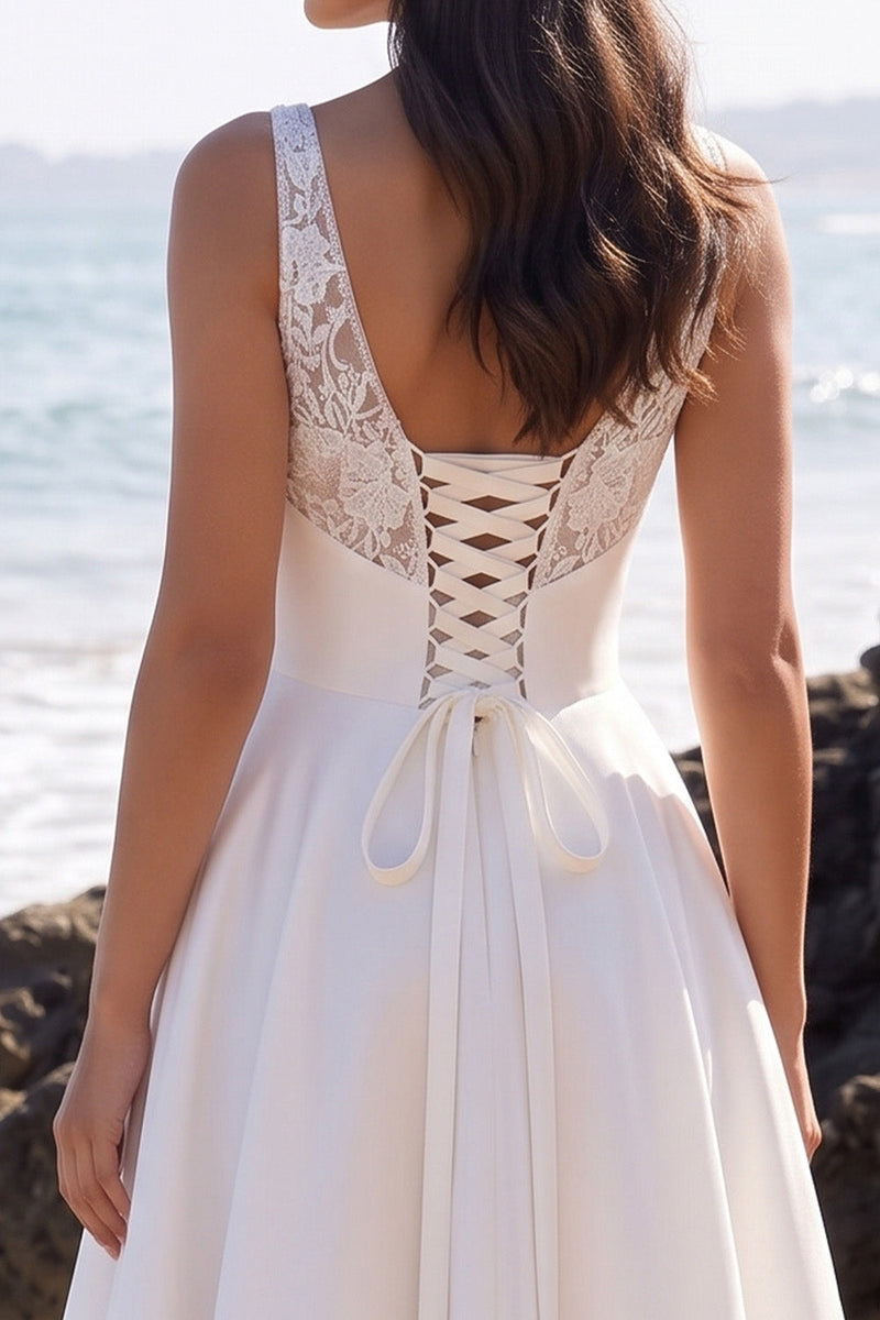 Load image into Gallery viewer, Floral White A Line V Neck Long Wedding Dress