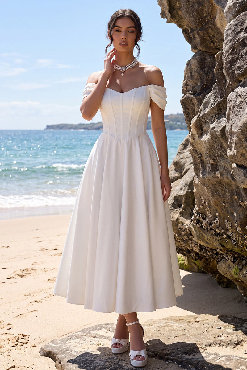 Load image into Gallery viewer, Corset White A Line Ruched Off the Shoulder Midi Wedding Dress