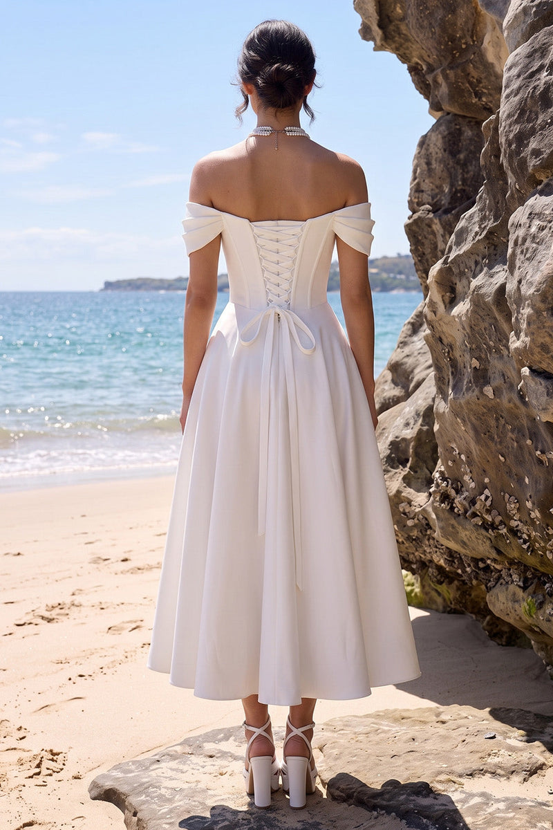 Load image into Gallery viewer, Corset White A Line Ruched Off the Shoulder Midi Wedding Dress