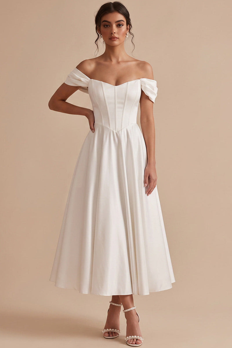 Load image into Gallery viewer, Corset White A Line Ruched Off the Shoulder Midi Wedding Dress