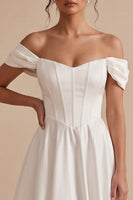 Load image into Gallery viewer, Corset White A Line Ruched Off the Shoulder Midi Wedding Dress