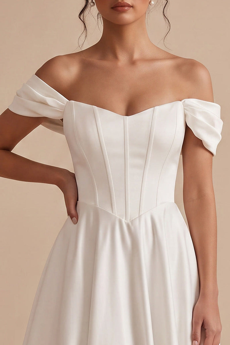 Load image into Gallery viewer, Corset White A Line Ruched Off the Shoulder Midi Wedding Dress