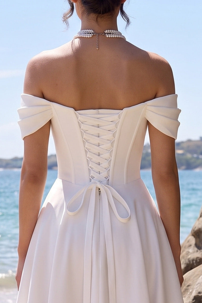 Load image into Gallery viewer, Corset White A Line Ruched Off the Shoulder Midi Wedding Dress