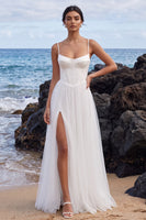 Load image into Gallery viewer, Corset White A Line Spaghetti Straps Long Beach Wedding Dress with Slit