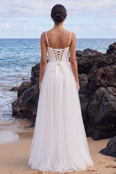 Corset White A Line Spaghetti Straps Long Beach Wedding Dress with Slit