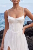 Load image into Gallery viewer, Corset White A Line Spaghetti Straps Long Beach Wedding Dress with Slit