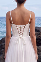 Load image into Gallery viewer, Corset White A Line Spaghetti Straps Long Beach Wedding Dress with Slit