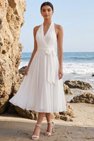 Load image into Gallery viewer, Chiffon White A Line Ruched Halter Midi Beach Wedding Dress with Sash