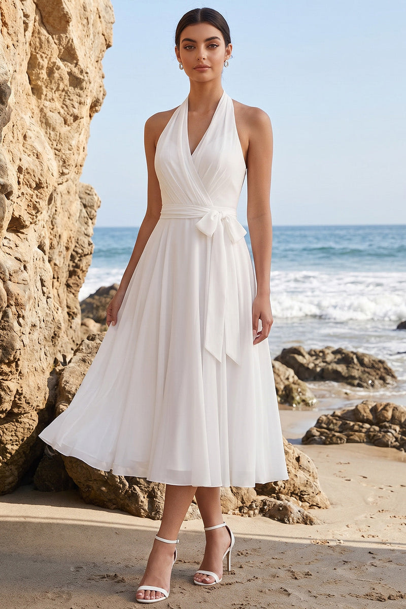 Load image into Gallery viewer, Chiffon White A Line Ruched Halter Midi Beach Wedding Dress with Sash