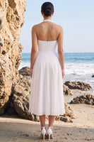 Load image into Gallery viewer, Chiffon White A Line Ruched Halter Midi Beach Wedding Dress with Sash