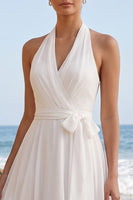 Load image into Gallery viewer, Chiffon White A Line Ruched Halter Midi Beach Wedding Dress with Sash