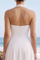 Load image into Gallery viewer, Chiffon White A Line Ruched Halter Midi Beach Wedding Dress with Sash