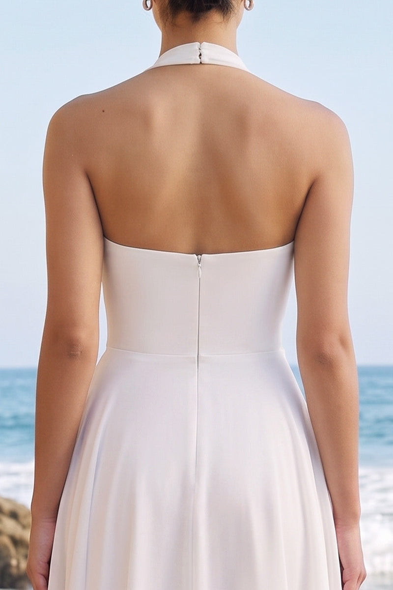 Load image into Gallery viewer, Chiffon White A Line Ruched Halter Midi Beach Wedding Dress with Sash