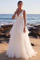 Load image into Gallery viewer, White A Line Tiered Ruffled V-Neck Sweep Train Beach Wedding Dress