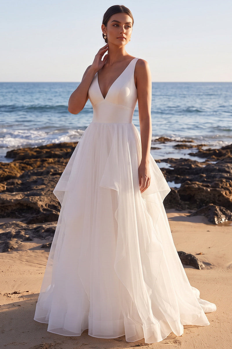 Load image into Gallery viewer, White A Line Tiered Ruffled V-Neck Sweep Train Beach Wedding Dress