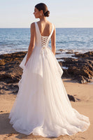 Load image into Gallery viewer, White A Line Tiered Ruffled V-Neck Sweep Train Beach Wedding Dress
