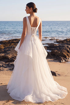 White A Line Tiered Ruffled V-Neck Sweep Train Beach Wedding Dress