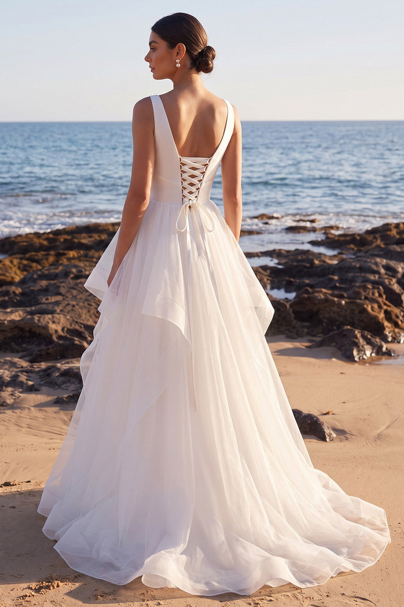 Load image into Gallery viewer, White A Line Tiered Ruffled V-Neck Sweep Train Beach Wedding Dress