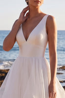 Load image into Gallery viewer, White A Line Tiered Ruffled V-Neck Sweep Train Beach Wedding Dress