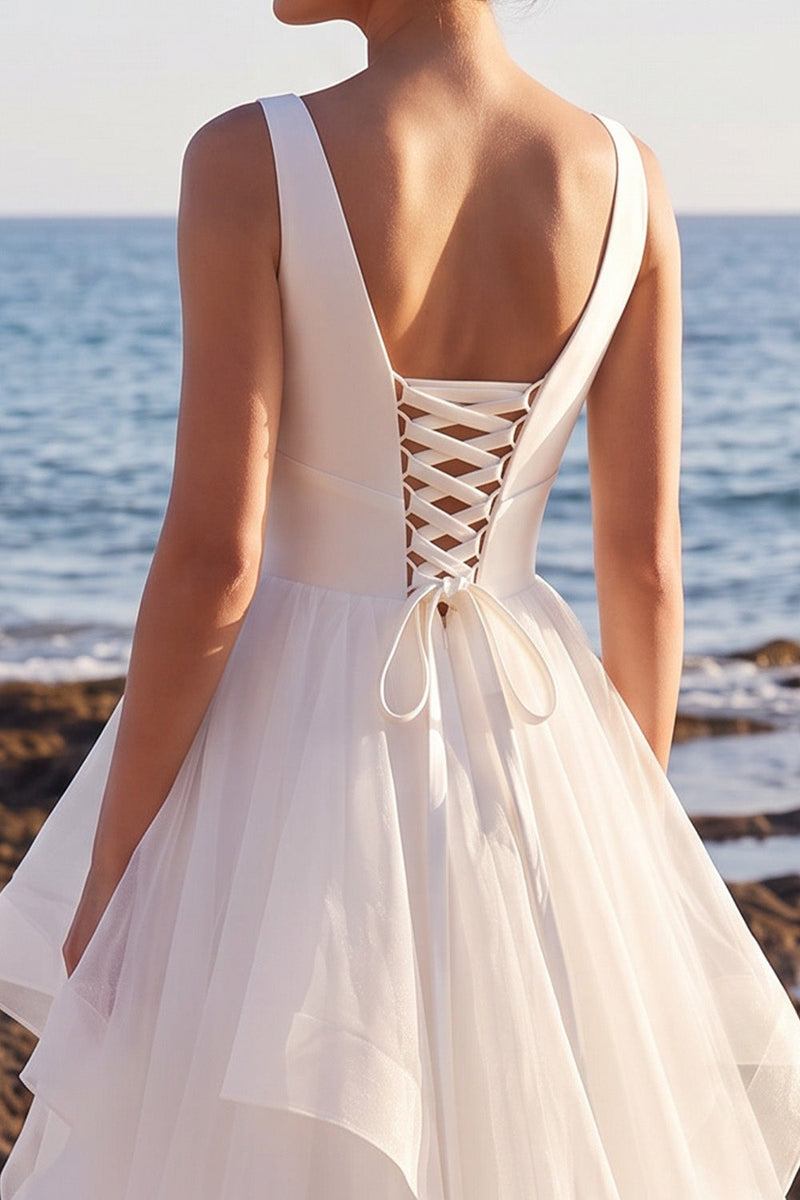 Load image into Gallery viewer, White A Line Tiered Ruffled V-Neck Sweep Train Beach Wedding Dress