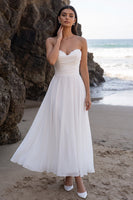 Load image into Gallery viewer, A Line White Ruched Chiffon Sweetheart Long Beach Wedding Dress