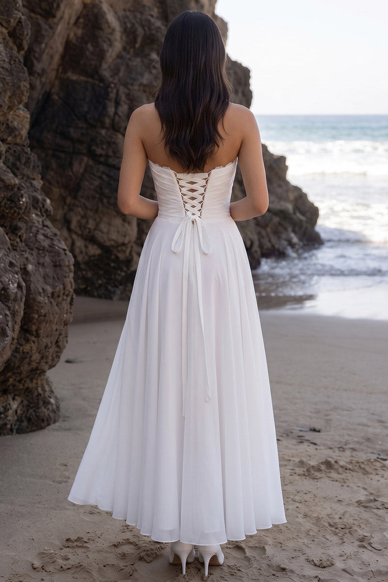 Load image into Gallery viewer, A Line White Ruched Chiffon Sweetheart Long Beach Wedding Dress