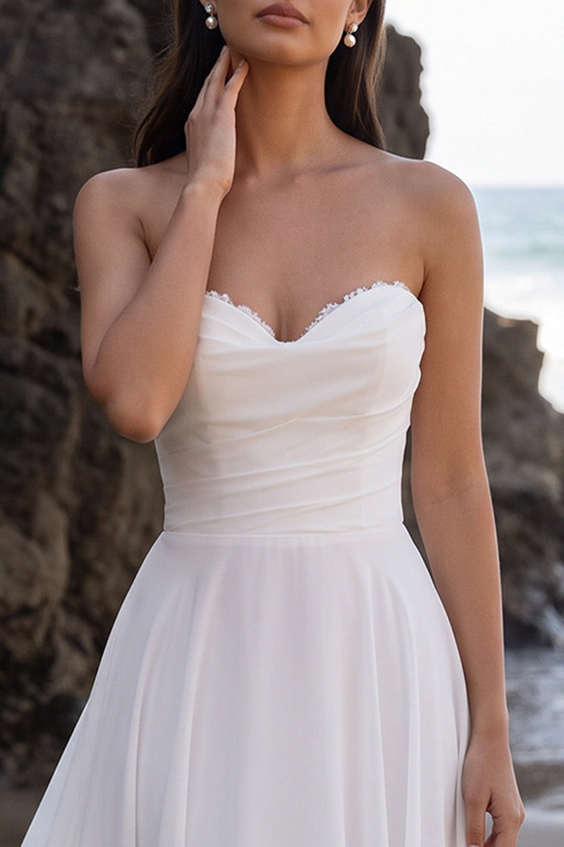 Load image into Gallery viewer, A Line White Ruched Chiffon Sweetheart Long Beach Wedding Dress