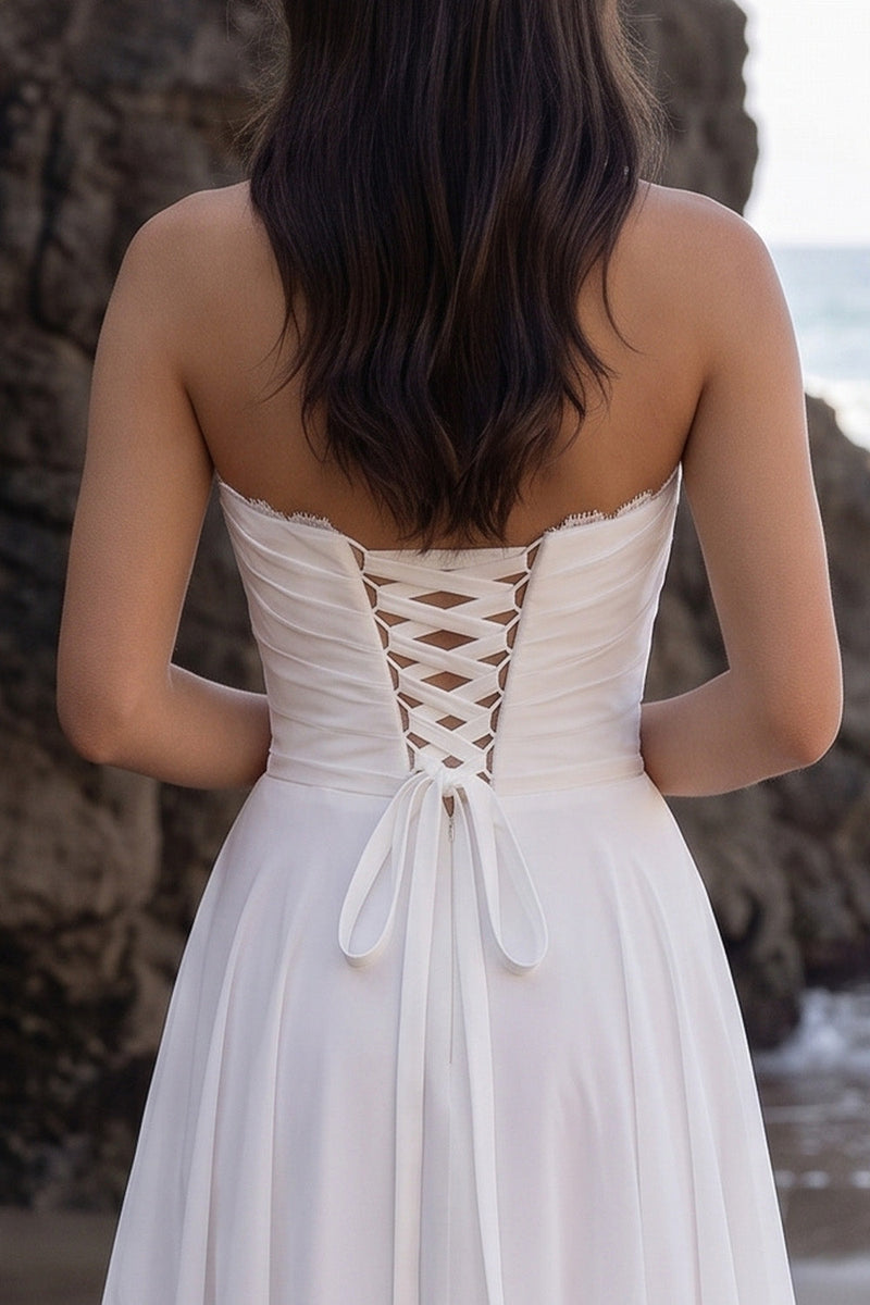 Load image into Gallery viewer, A Line White Ruched Chiffon Sweetheart Long Beach Wedding Dress