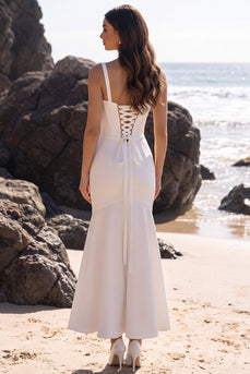 Ruched White Mermaid Corset Long Wedding Dress
