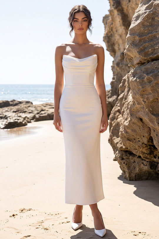 Sheath White Ruched Strapless Long Wedding Dress with Slit