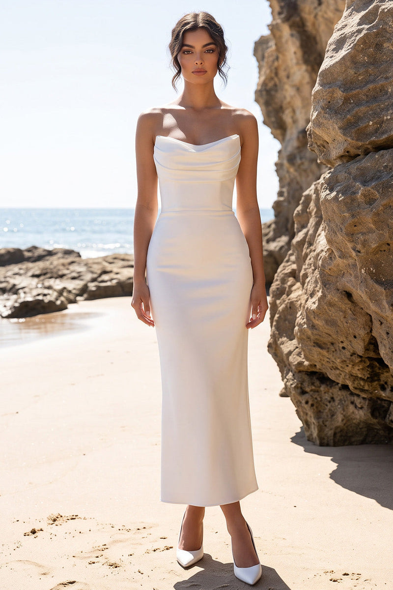 Load image into Gallery viewer, Sheath White Ruched Strapless Long Wedding Dress with Slit