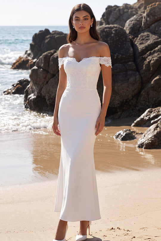 Mermaid White Floral Off the Shoulder Long Wedding Dress