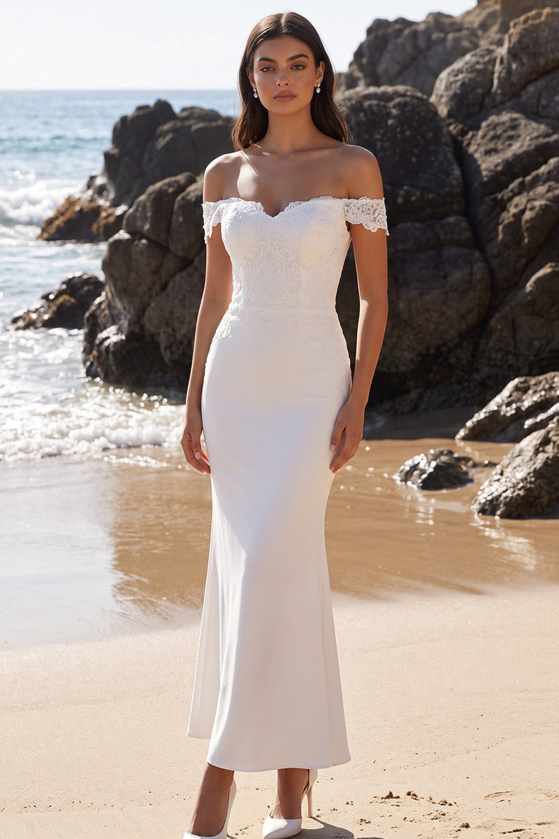 Load image into Gallery viewer, Mermaid White Floral Off the Shoulder Long Wedding Dress