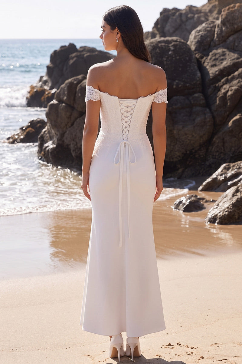 Load image into Gallery viewer, Mermaid White Floral Off the Shoulder Long Wedding Dress