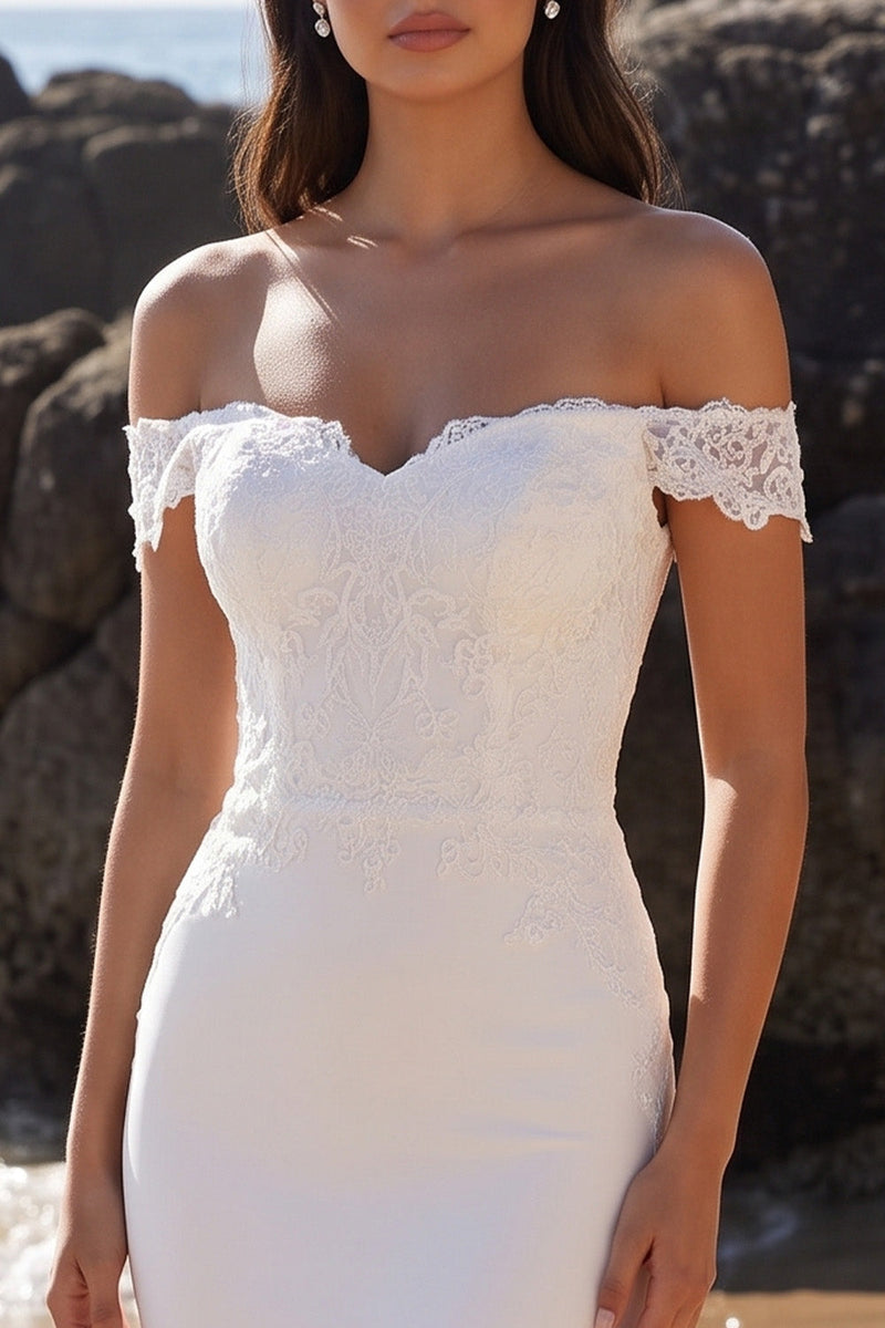 Load image into Gallery viewer, Mermaid White Floral Off the Shoulder Long Wedding Dress