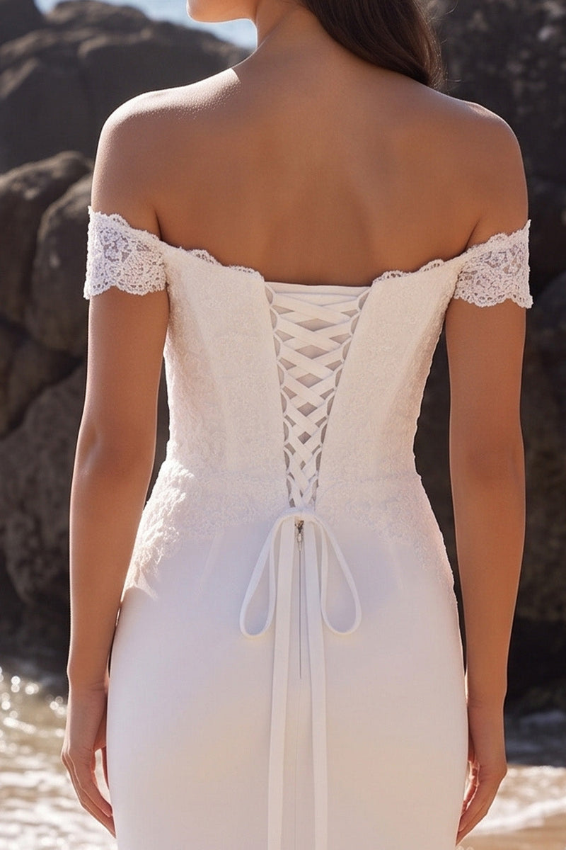 Load image into Gallery viewer, Mermaid White Floral Off the Shoulder Long Wedding Dress