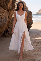 Load image into Gallery viewer, Chiffon White A Line Floral Thick Straps Long Beach Wedding Dress with Slit