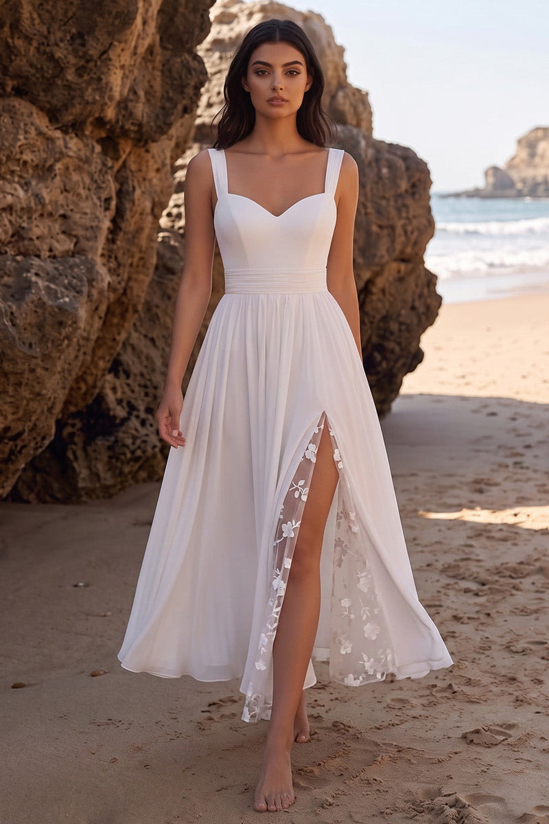 Load image into Gallery viewer, Chiffon White A Line Floral Thick Straps Long Beach Wedding Dress with Slit