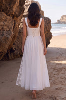 Load image into Gallery viewer, Chiffon White A Line Floral Thick Straps Long Beach Wedding Dress with Slit