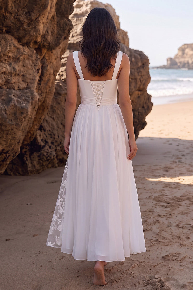 Load image into Gallery viewer, Chiffon White A Line Floral Thick Straps Long Beach Wedding Dress with Slit