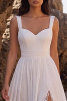 Load image into Gallery viewer, Chiffon White A Line Floral Thick Straps Long Beach Wedding Dress with Slit