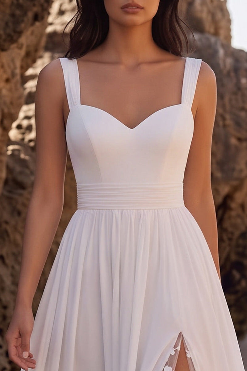 Load image into Gallery viewer, Chiffon White A Line Floral Thick Straps Long Beach Wedding Dress with Slit