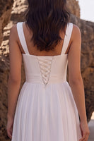 Load image into Gallery viewer, Chiffon White A Line Floral Thick Straps Long Beach Wedding Dress with Slit