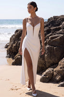 Load image into Gallery viewer, Corset White Sheath Ruched Spaghetti Straps Long Wedding Dress with Slit