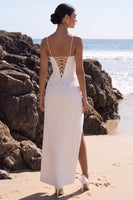 Load image into Gallery viewer, Corset White Sheath Ruched Spaghetti Straps Long Wedding Dress with Slit