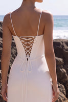 Load image into Gallery viewer, Corset White Sheath Ruched Spaghetti Straps Long Wedding Dress with Slit