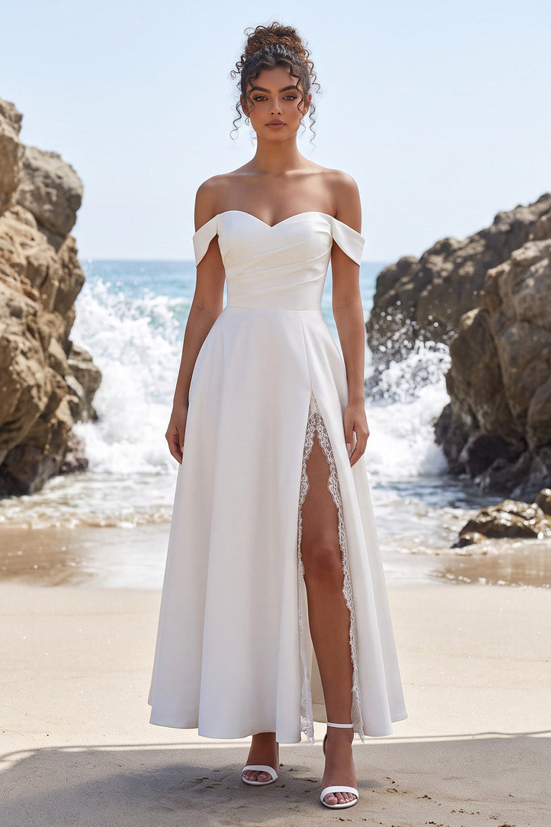Load image into Gallery viewer, A Line White Ruched Off the Shoulder Long Wedding Dress with Slit